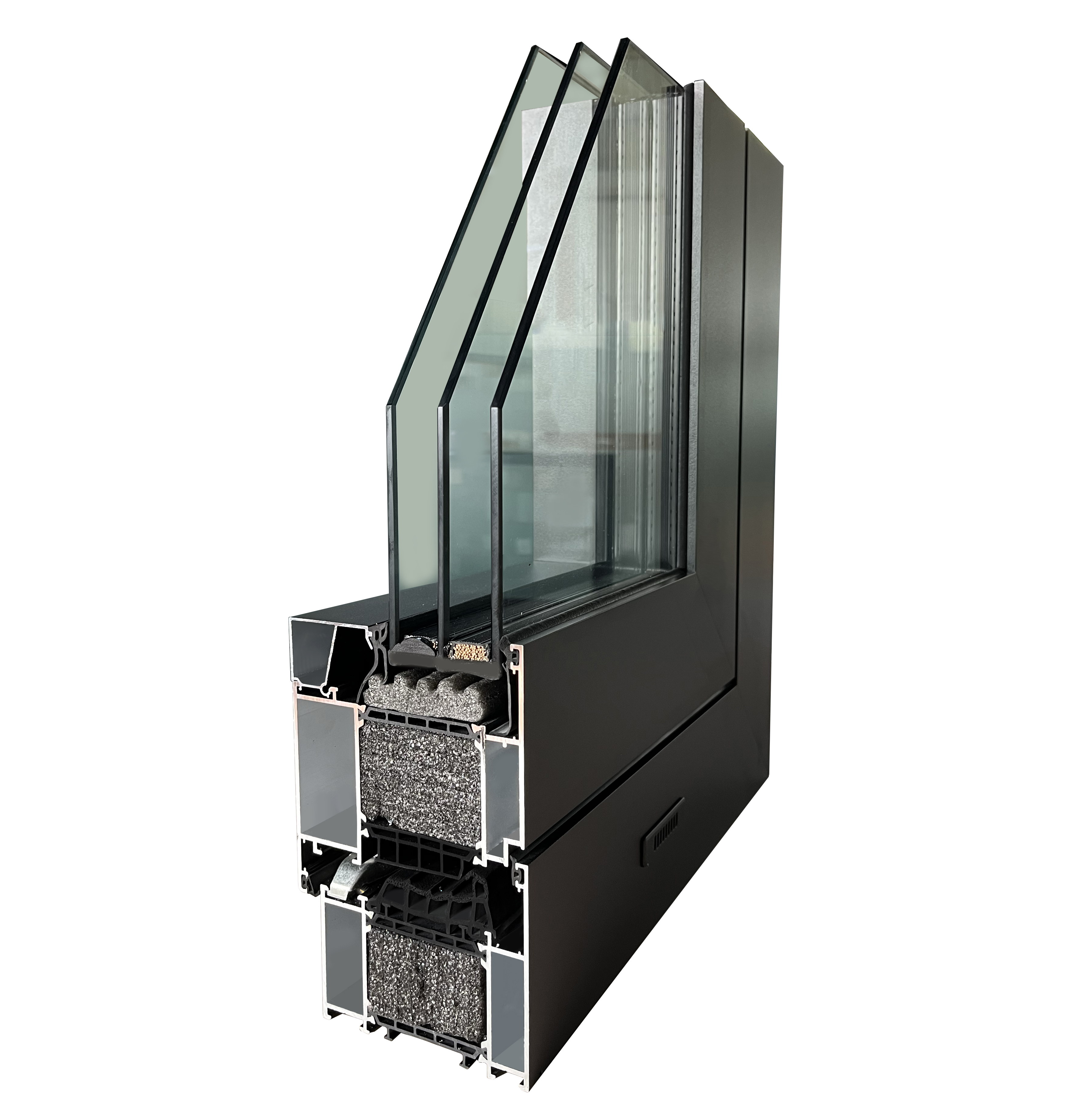 Total 93mm frame thickness, triple layers of seal, triple glazing with double  layers of low-e glass and multiple lock points, all of those make the window  high porfermance. The u-value of the window sample can reach 0.78W/(㎡•k)